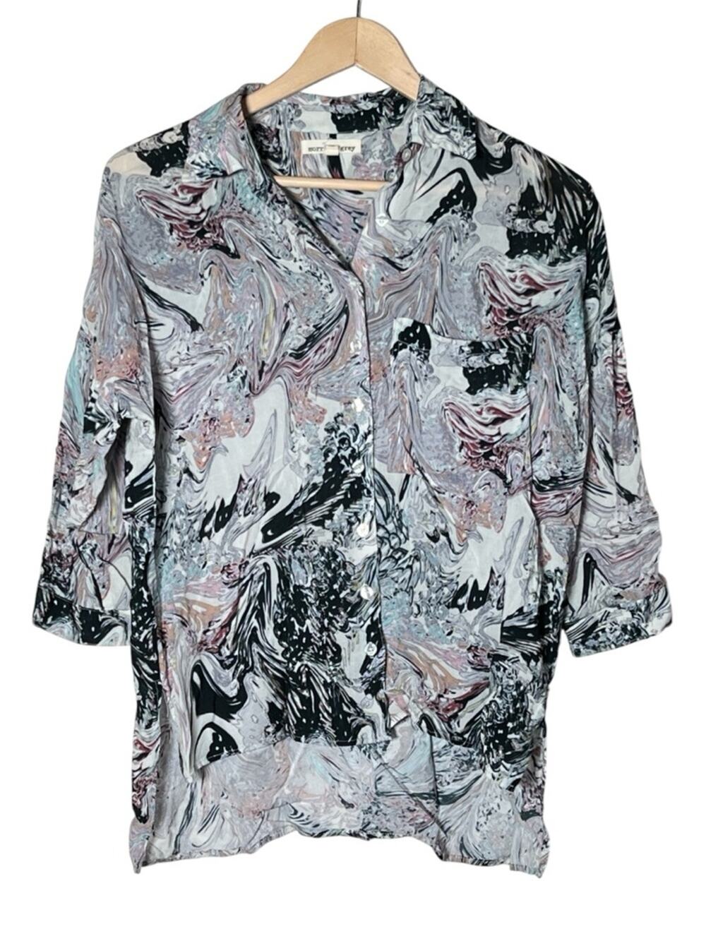 Morrison Grey Paisley print button down blouse top shirt size XS B148